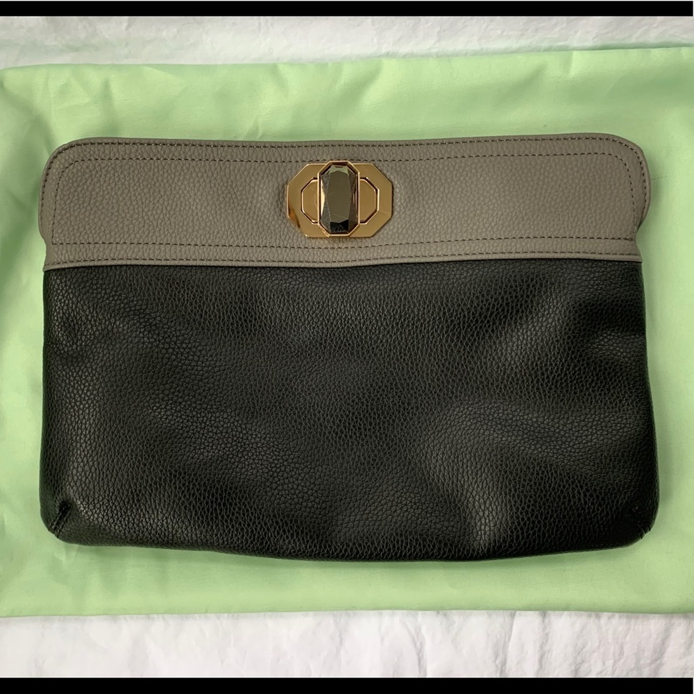 DEUX LUX black grey flat clutch gemstone closure